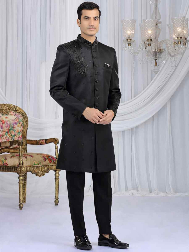 Image of Black Art Silk Embroidered Festival Wedding Mens Sherwani
