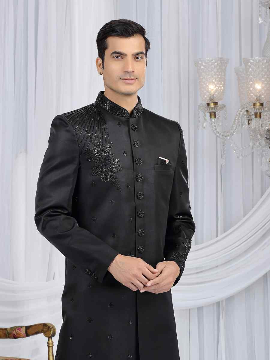 Black Art Silk Embroidered Festival Wedding Mens Sherwani