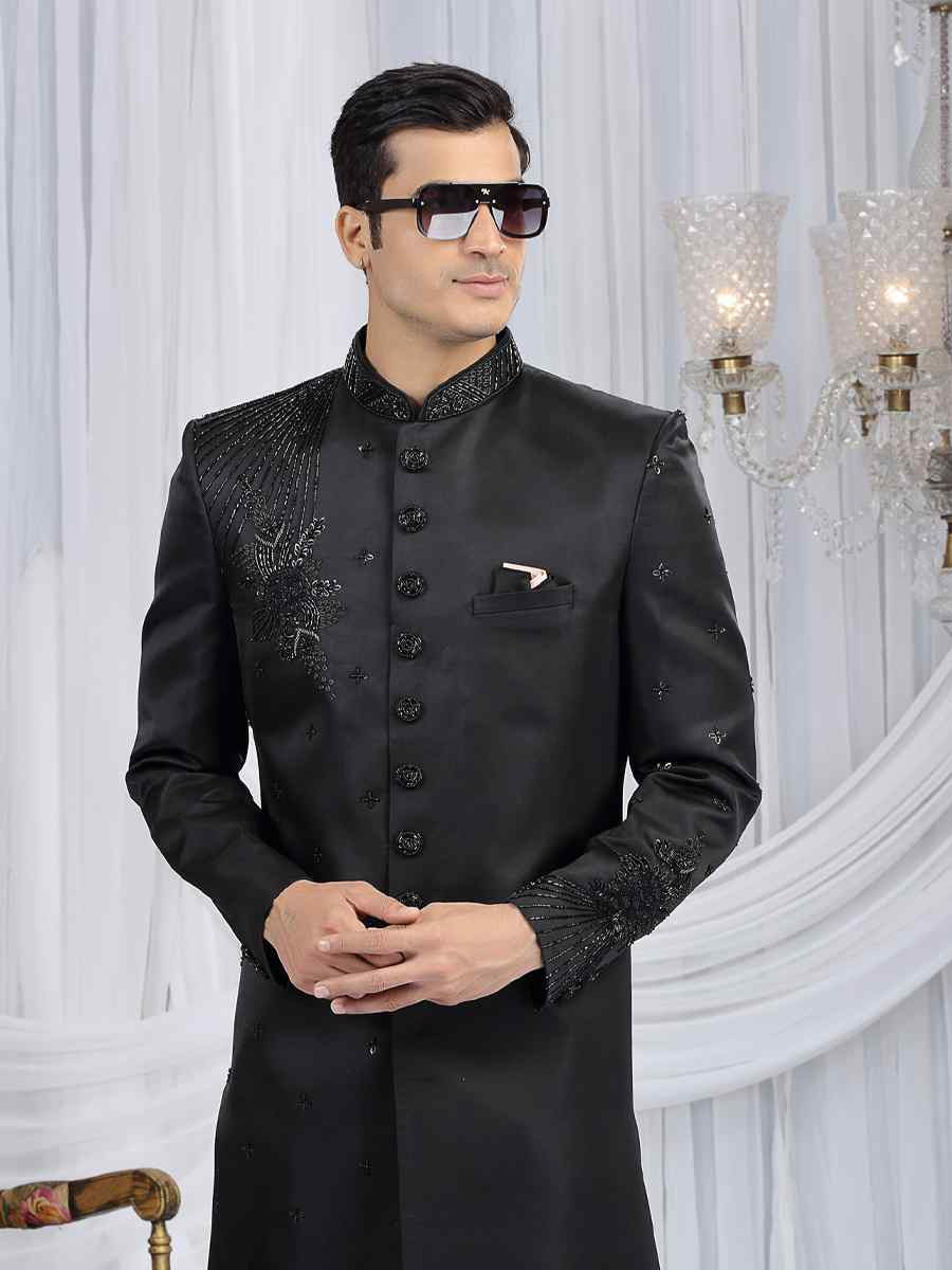 Black Art Silk Embroidered Festival Wedding Mens Sherwani