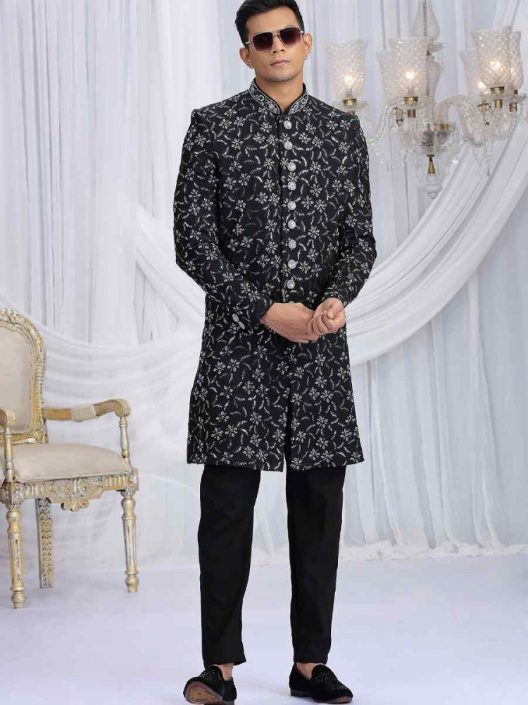 Image of Black Art Silk Embroidered Festival Wedding Mens Sherwani