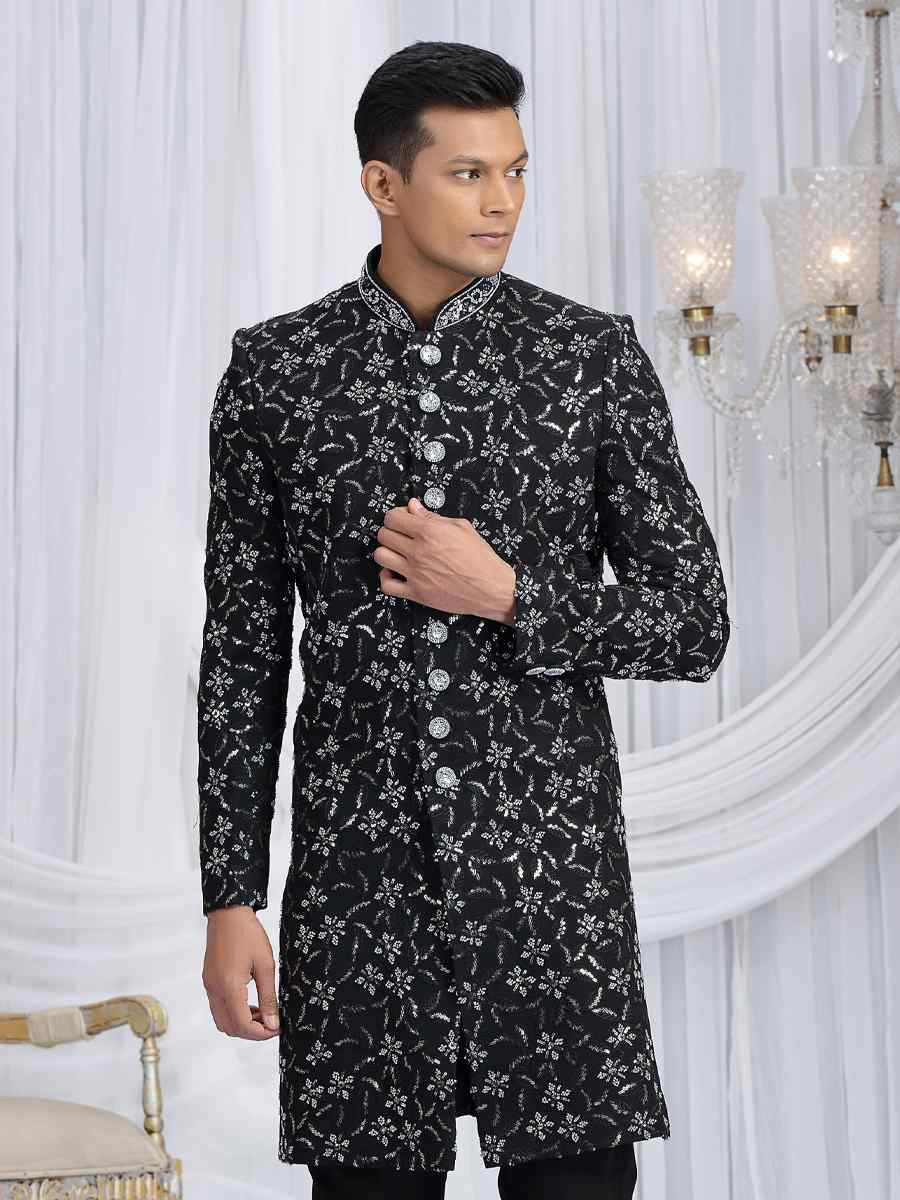 Black Art Silk Embroidered Festival Wedding Mens Sherwani