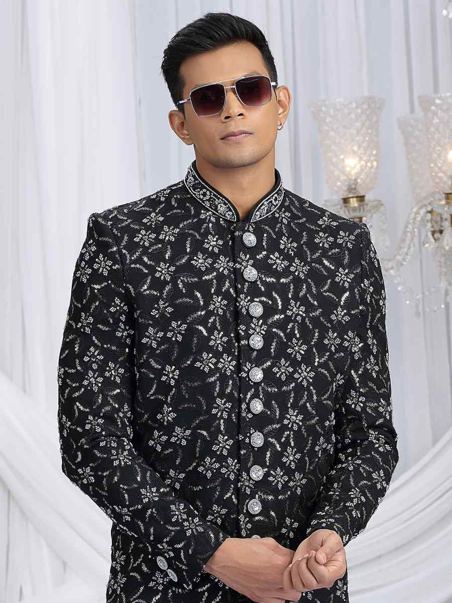 Black Art Silk Embroidered Festival Wedding Mens Sherwani