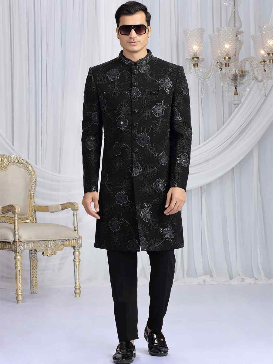 Black Art Silk Embroidered Festival Wedding Mens Sherwani