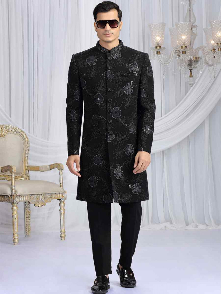 Image of Black Art Silk Embroidered Festival Wedding Mens Sherwani