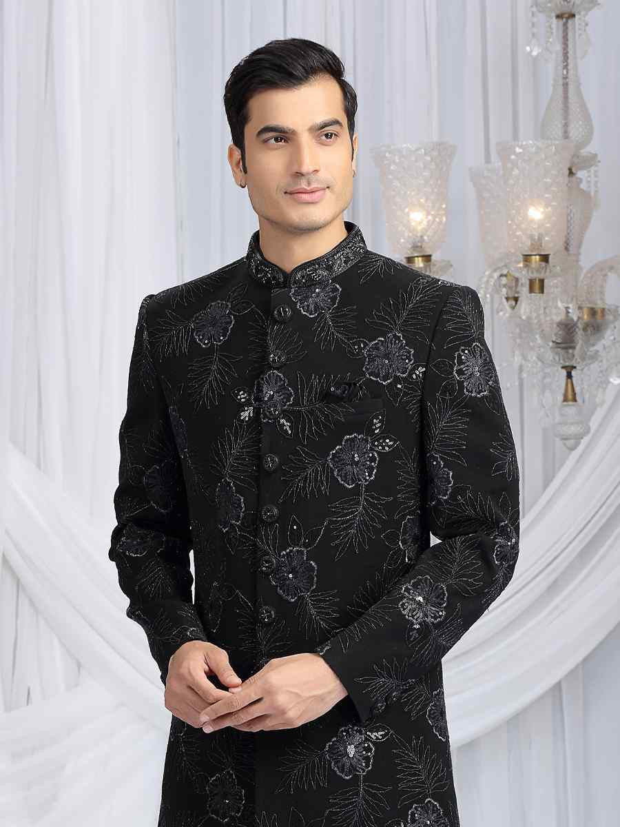 Black Art Silk Embroidered Festival Wedding Mens Sherwani