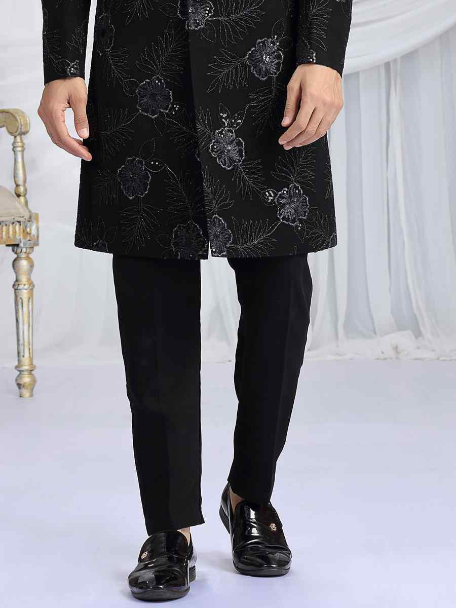 Black Art Silk Embroidered Festival Wedding Mens Sherwani