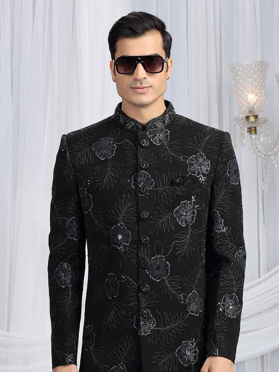 Black Art Silk Embroidered Festival Wedding Mens Sherwani