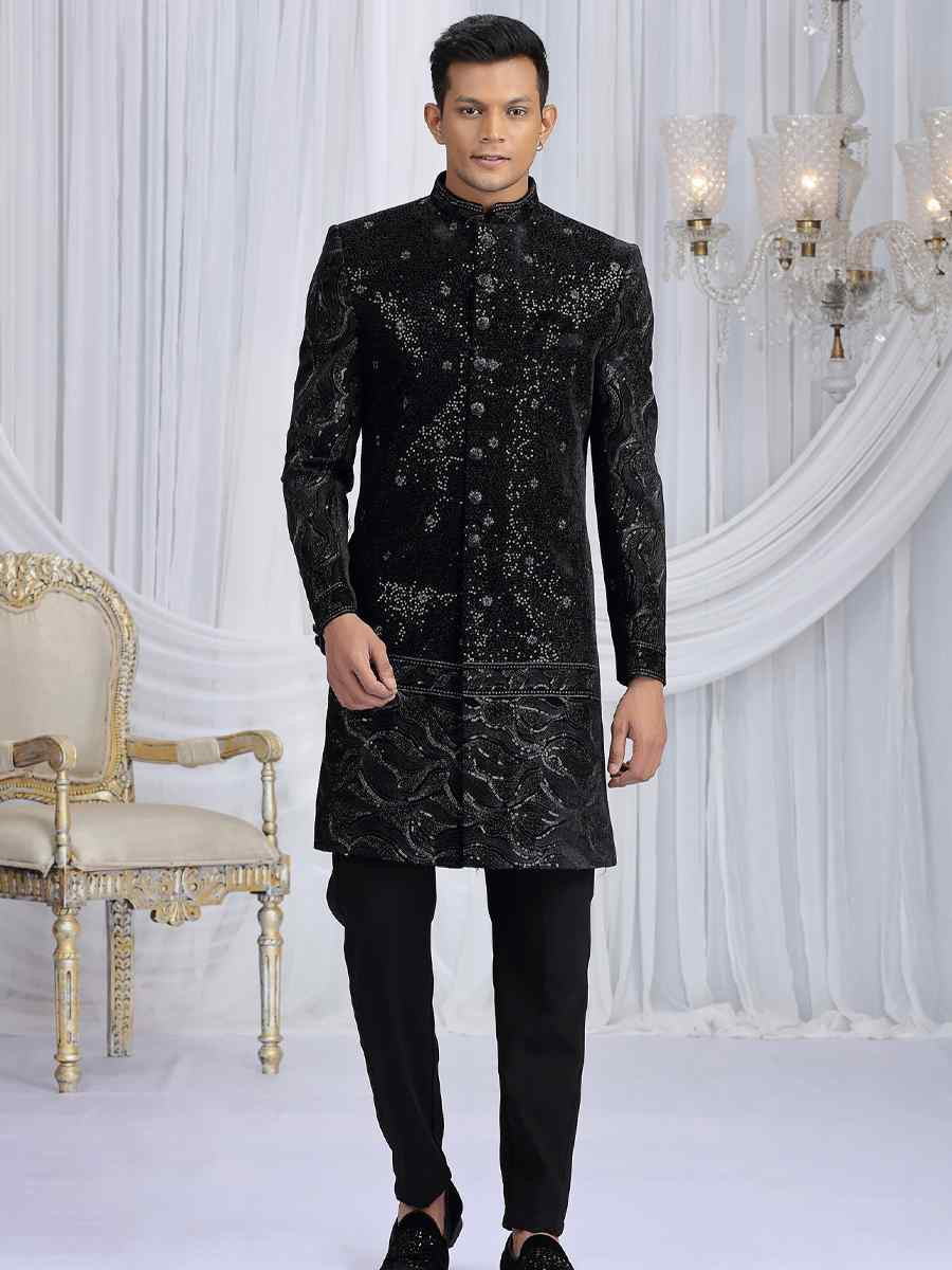 Black Art Silk Embroidered Festival Wedding Mens Sherwani