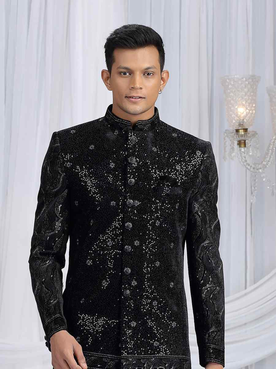 Black Art Silk Embroidered Festival Wedding Mens Sherwani