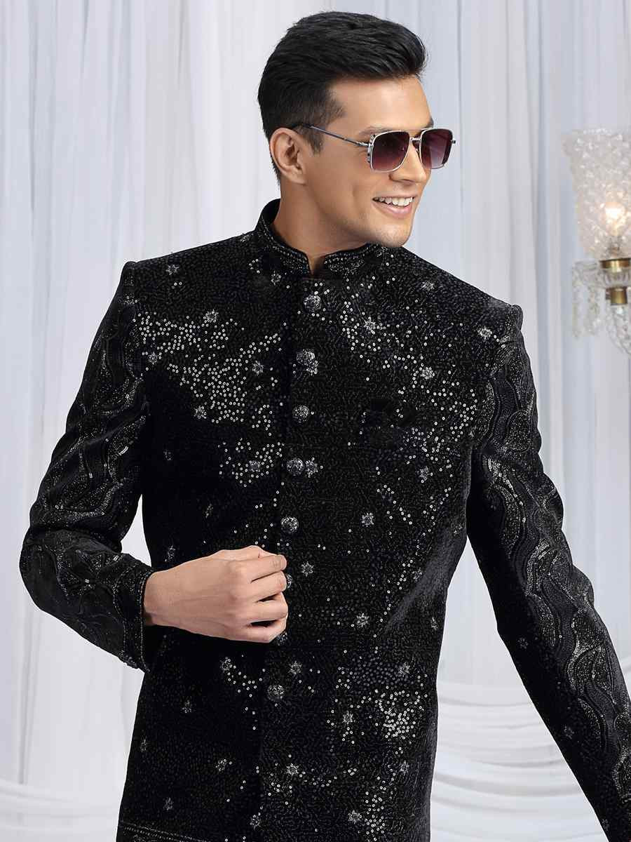 Black Art Silk Embroidered Festival Wedding Mens Sherwani