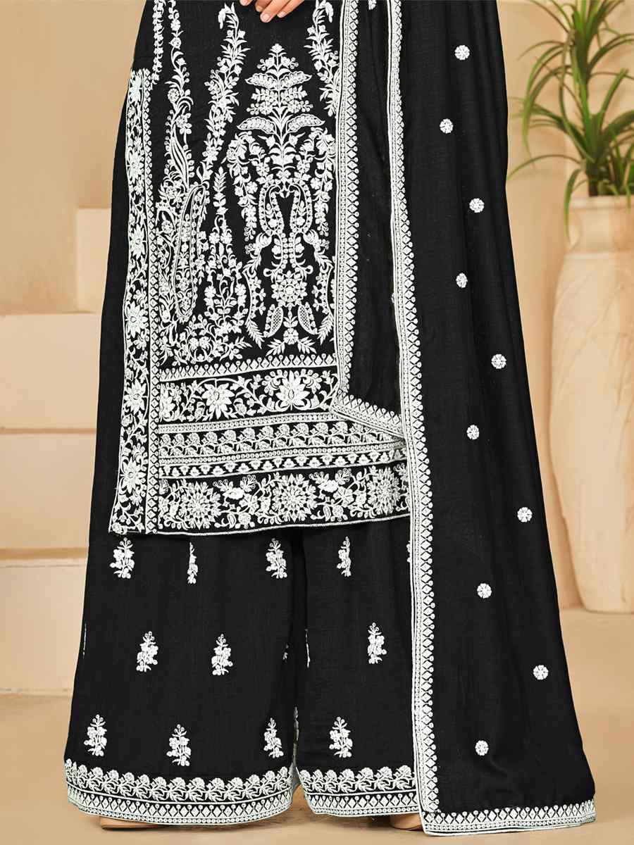 Black Art Silk Embroidered Festival Wedding Palazzo Pant Salwar Kameez