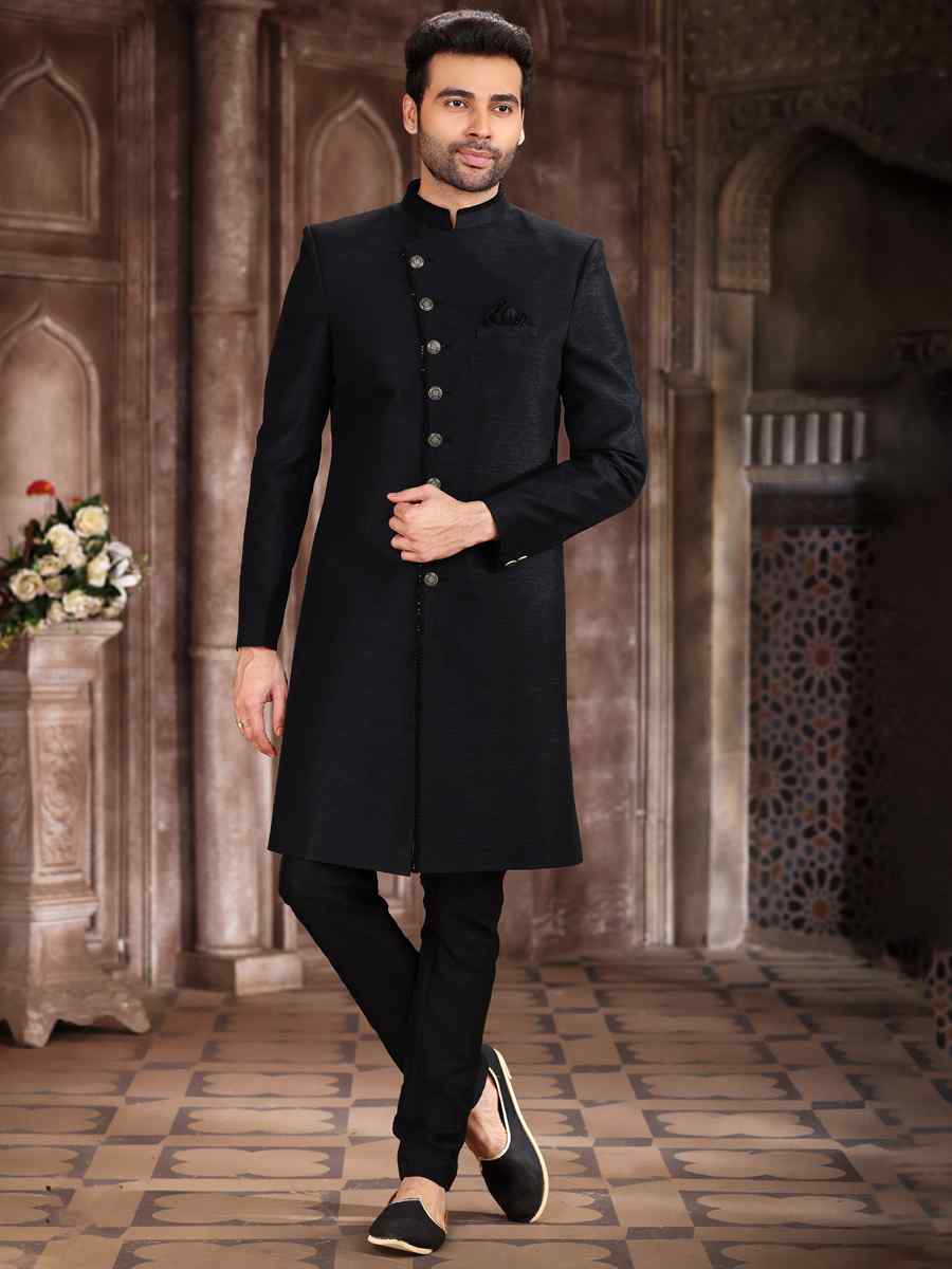 Black Art Silk Embroidered Wedding Groom Sherwani