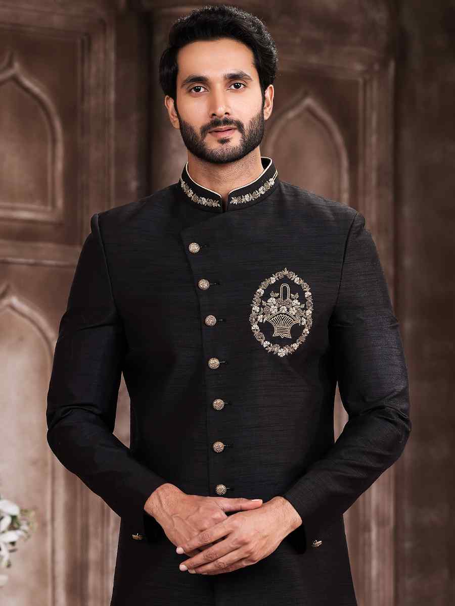 Black Art Silk Embroidered Wedding Groom Sherwani