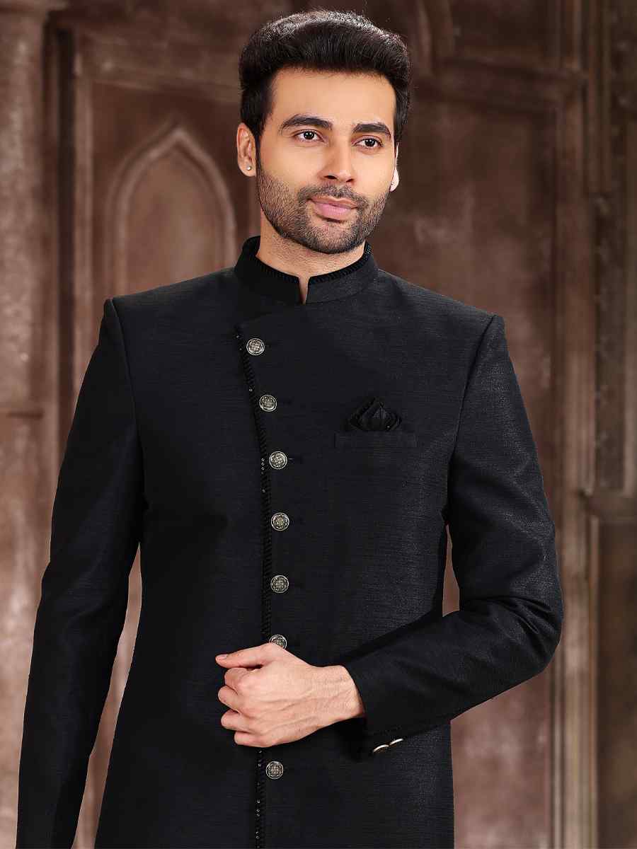Black Art Silk Embroidered Wedding Groom Sherwani