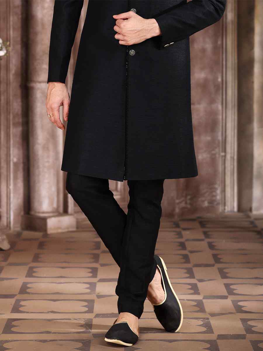 Black Art Silk Embroidered Wedding Groom Sherwani