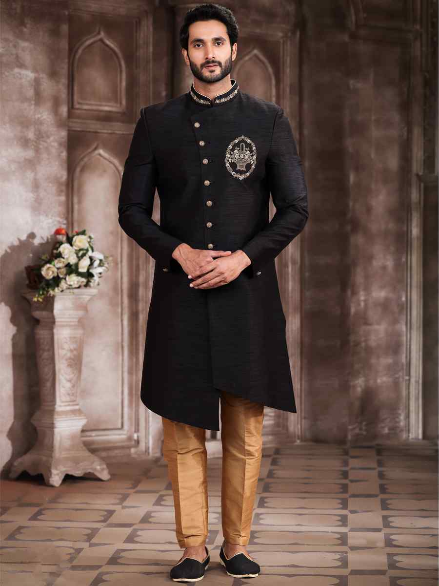 Black Art Silk Embroidered Wedding Groom Sherwani