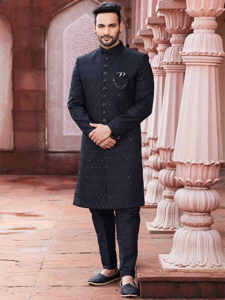 Black Art Silk Embroidered Wedding Party Sherwani