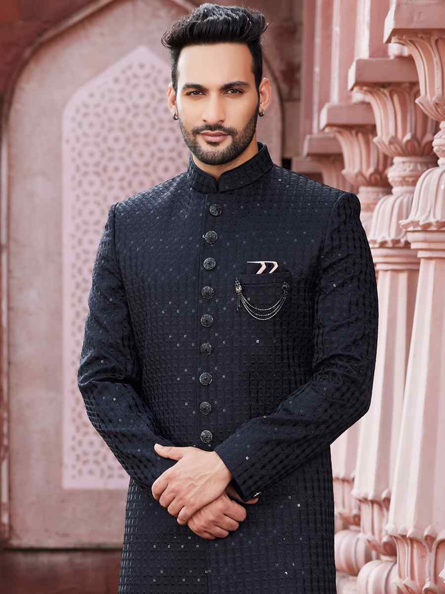 Black Art Silk Embroidered Wedding Party Sherwani