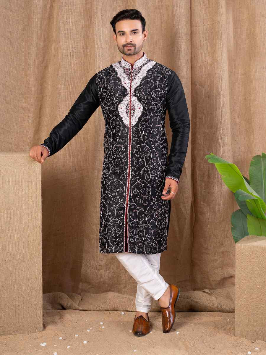 BLACK Art Silk Embroidery Festival Wedding Party Mens Kurta