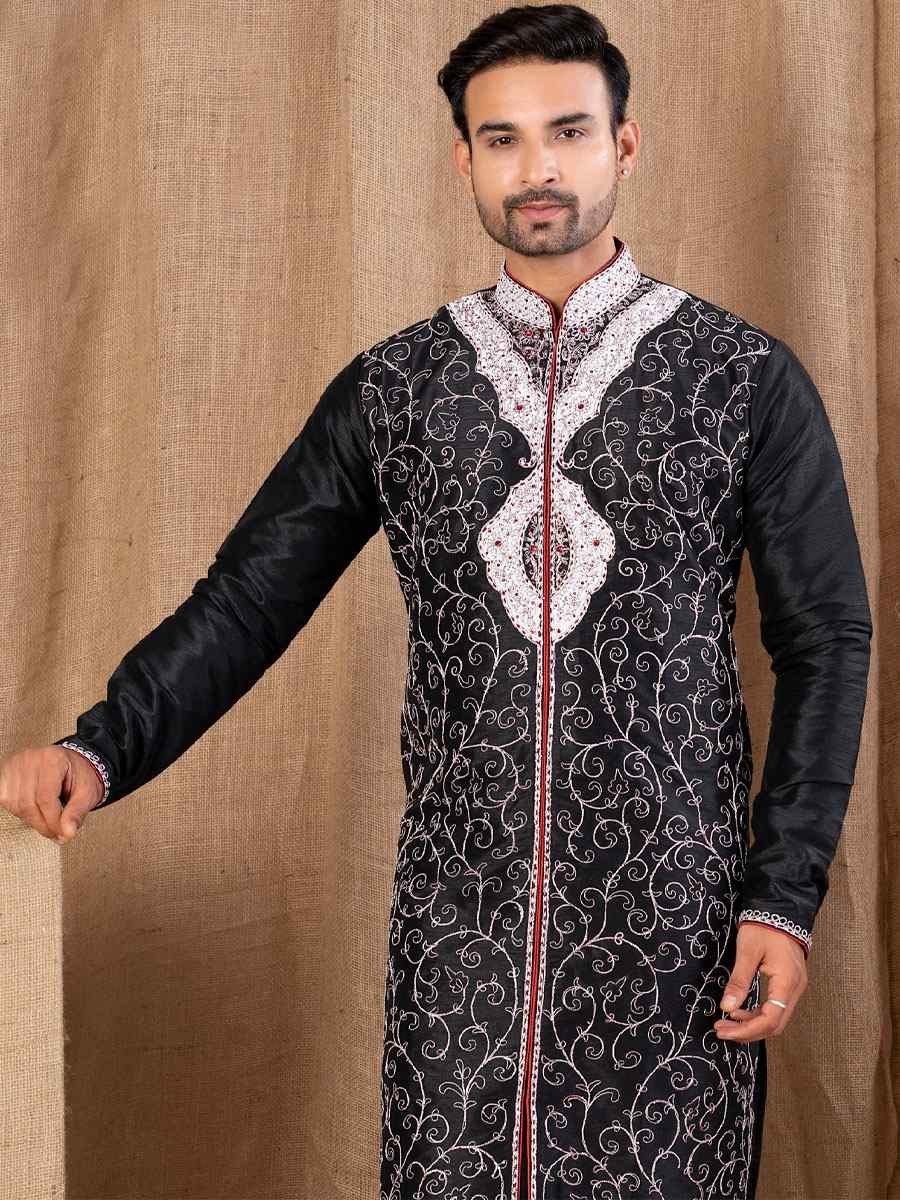 BLACK Art Silk Embroidery Festival Wedding Party Mens Kurta