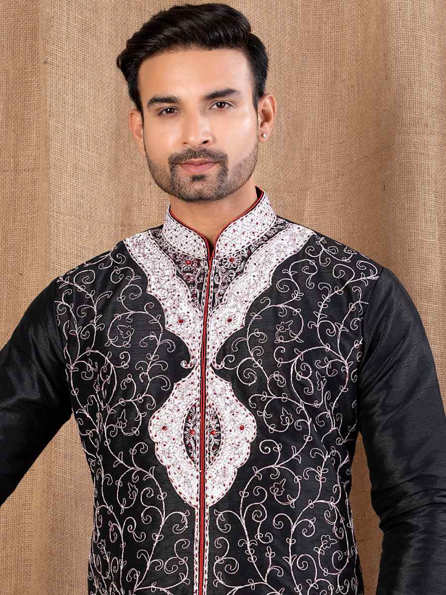 BLACK Art Silk Embroidery Festival Wedding Party Mens Kurta