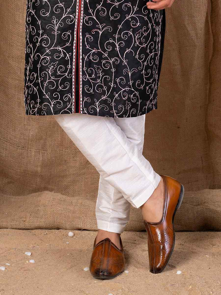 BLACK Art Silk Embroidery Festival Wedding Party Mens Kurta