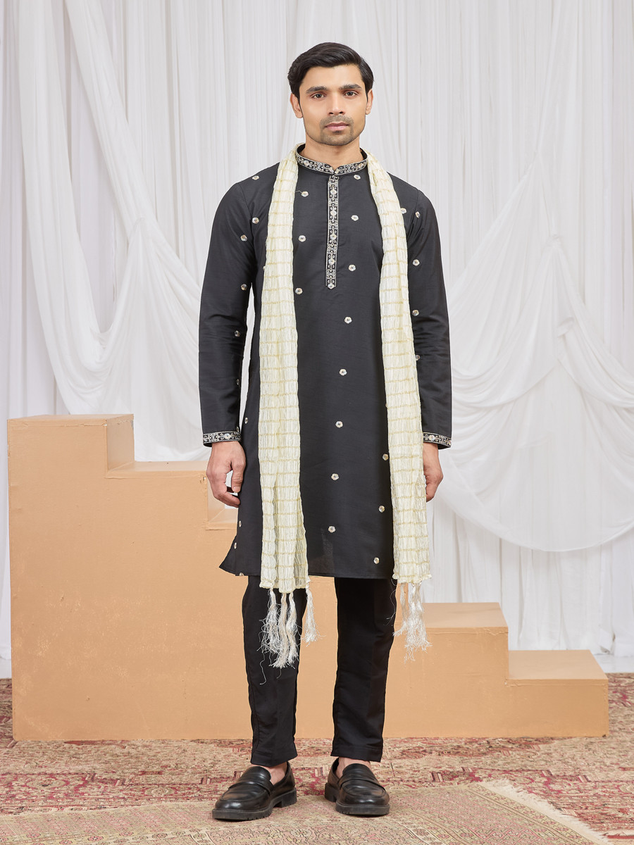 Black Art Silk Embroidery Wedding Party Festival Ready Mens Kurta
