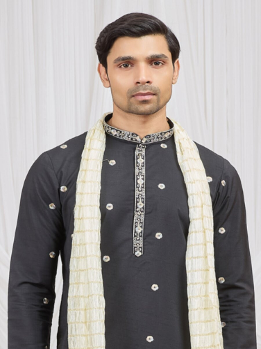 Black Art Silk Embroidery Wedding Party Festival Ready Mens Kurta