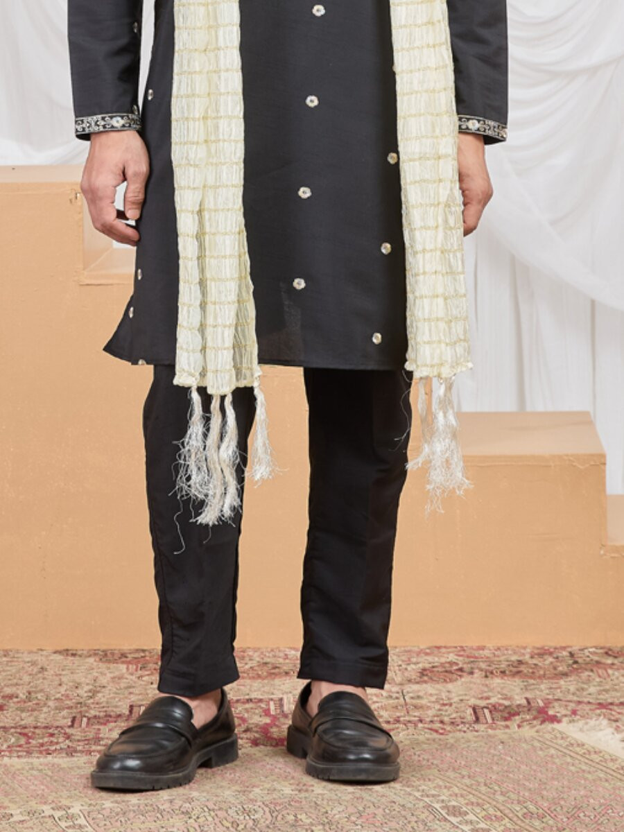 Black Art Silk Embroidery Wedding Party Festival Ready Mens Kurta