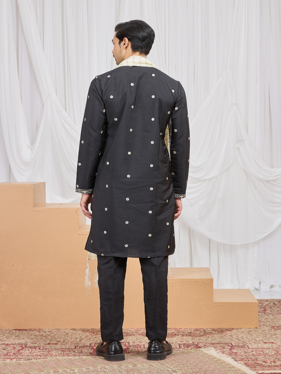 Black Art Silk Embroidery Wedding Party Festival Ready Mens Kurta