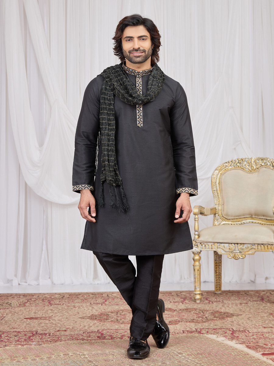 Black Art Silk Embroidery Wedding Party Festival Ready Mens Kurta