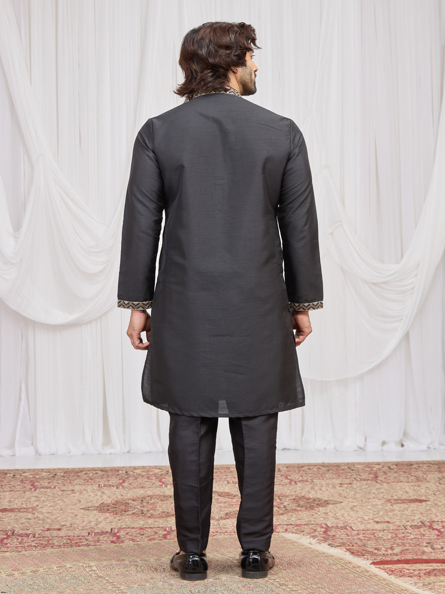 Black Art Silk Embroidery Wedding Party Festival Ready Mens Kurta