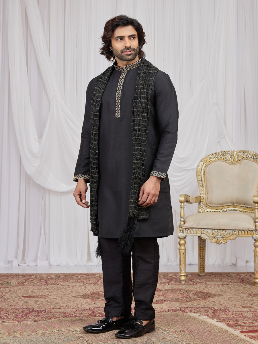 Black Art Silk Embroidery Wedding Party Festival Ready Mens Kurta