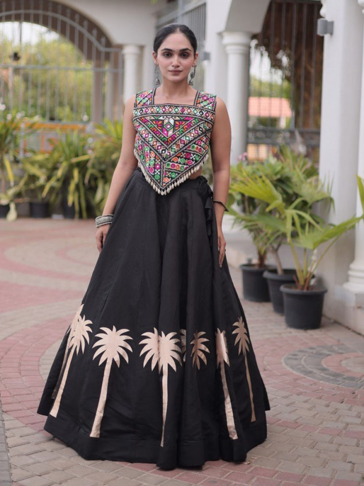 Image of Black Art Silk Embroidery Wedding Reception Festival Party Wear Circular Lehenga Choli
