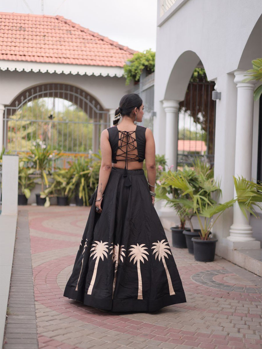 Black Art Silk Embroidery Wedding Reception Festival Party Wear Circular Lehenga Choli