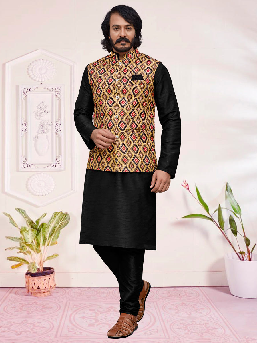 Black Art Silk Festival Printed Kurta Set With Jacket