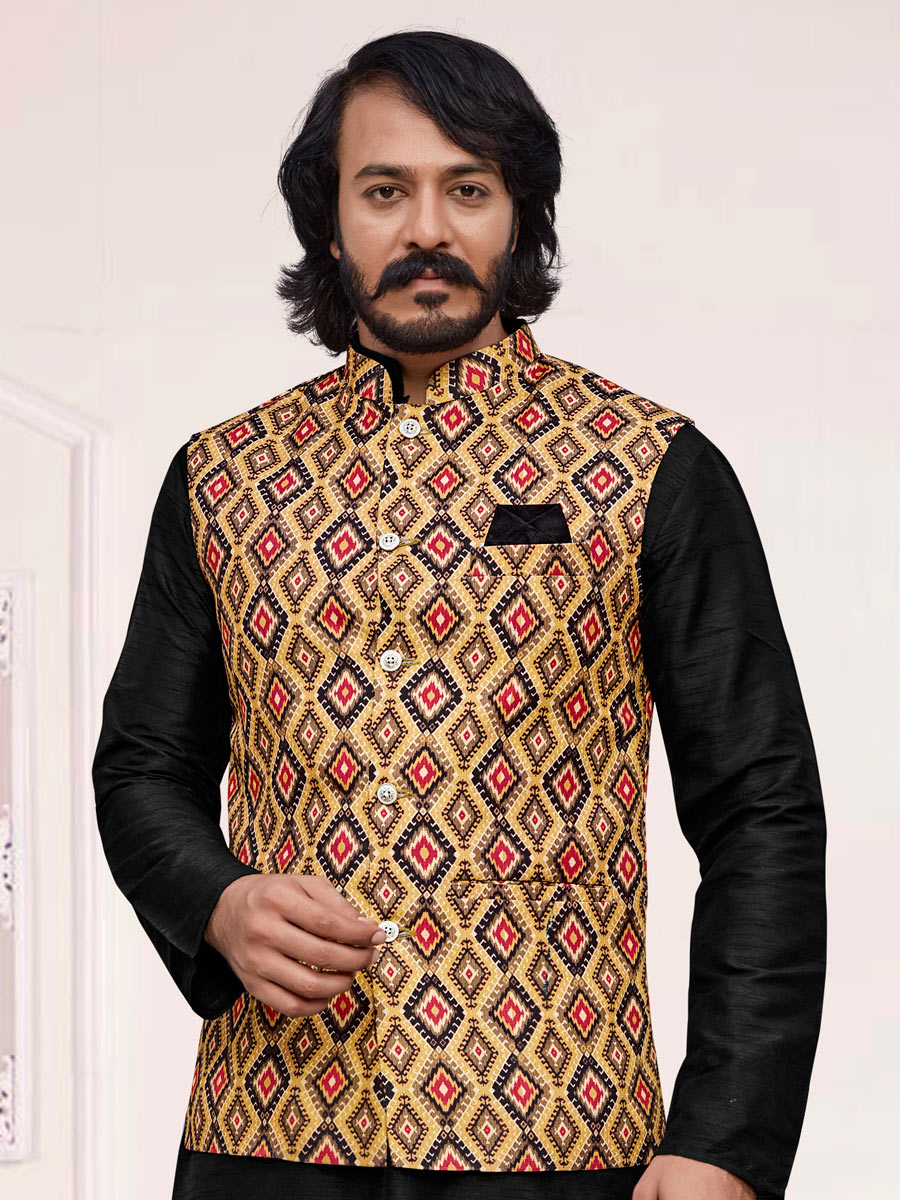 Black Art Silk Festival Printed Kurta Set With Jacket