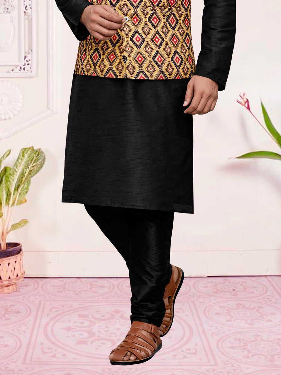 Black Art Silk Festival Printed Kurta Set With Jacket