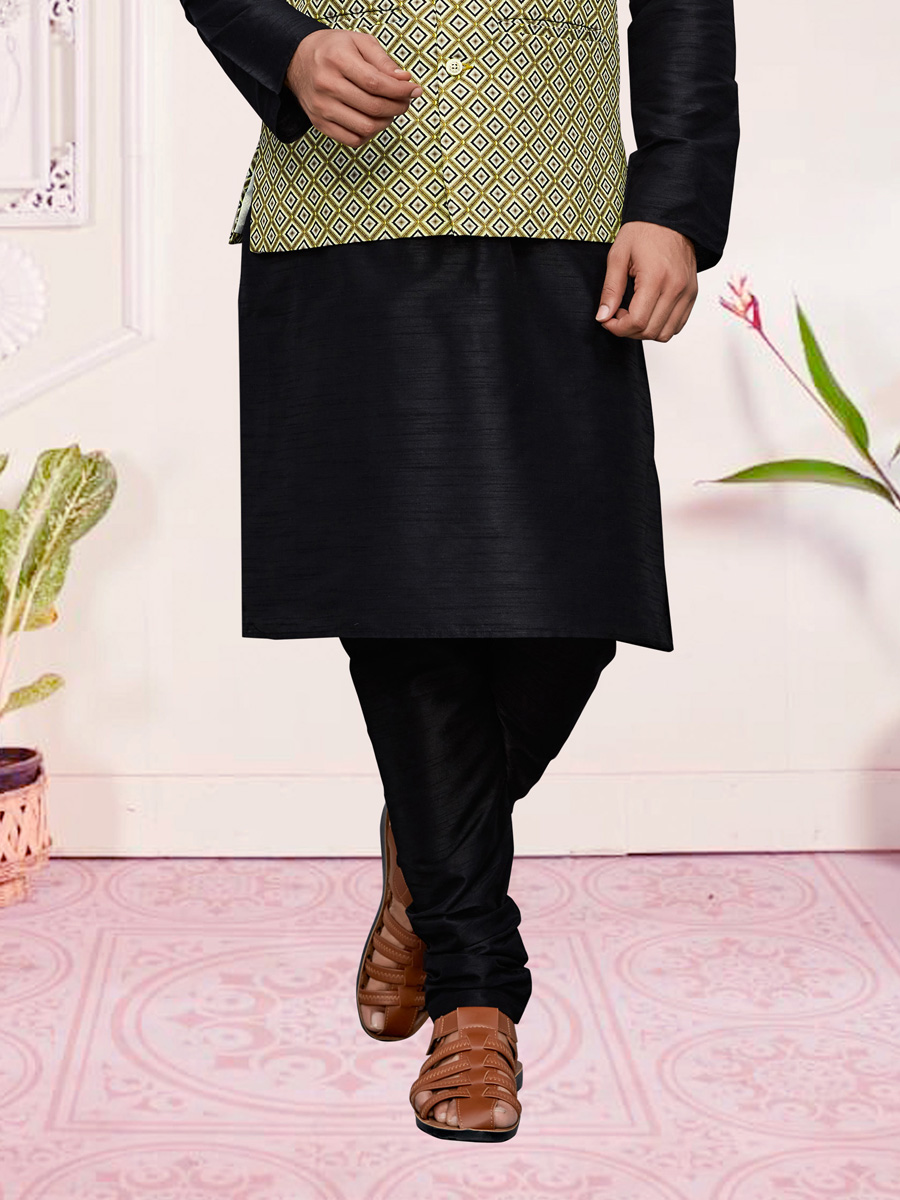 Black Art Silk Festival Printed Kurta Set With Printed Jacket