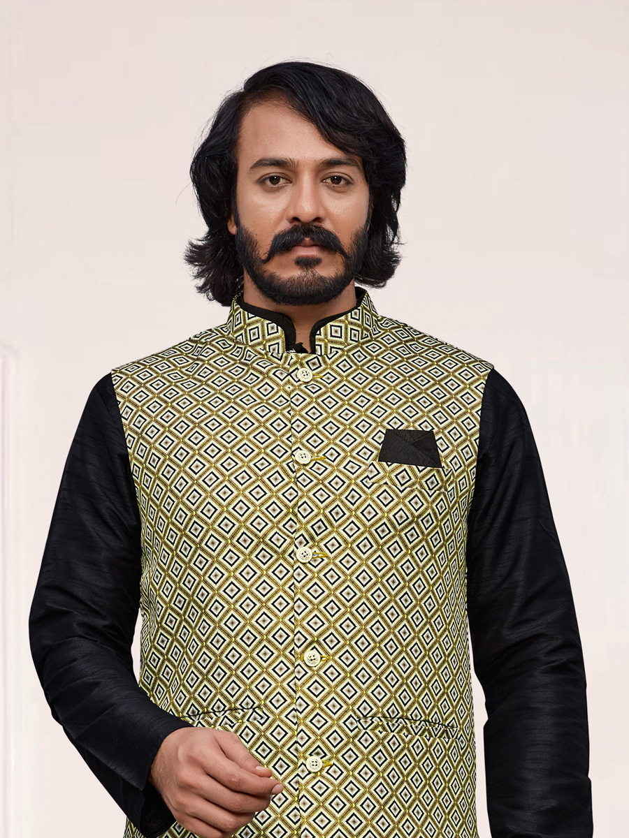 Black Art Silk Festival Printed Kurta Set With Printed Jacket