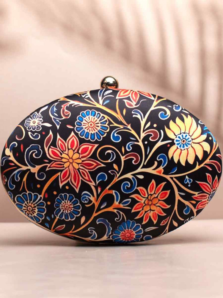 Black Art Silk Festival Wear Printed Clutches
