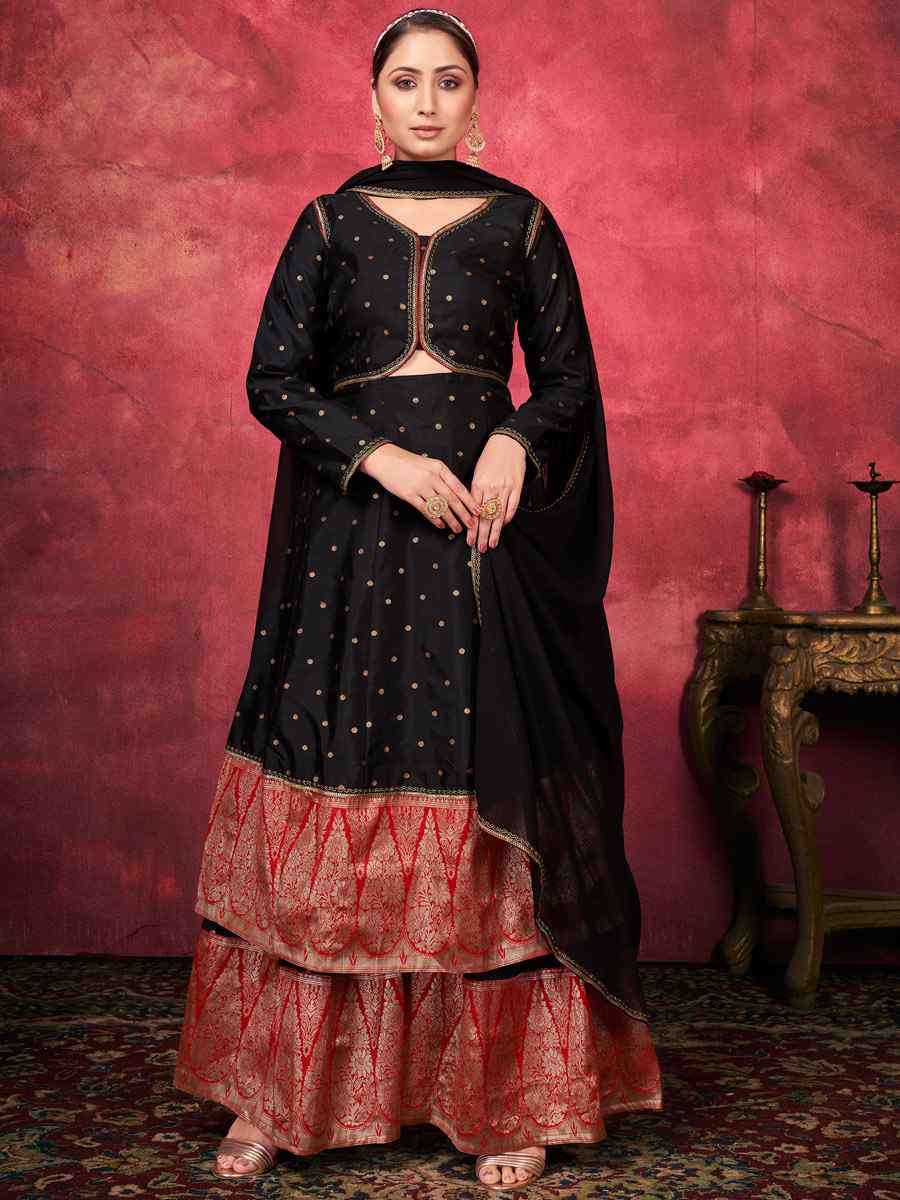 Black Art Silk Handwoven Festival Palazzo Pant Salwar Kameez