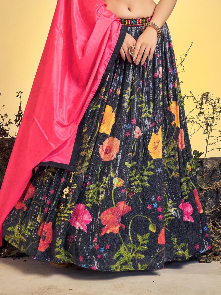 Black Art Silk Printed Bridesmaid Wedding Ready Circular Lehenga Choli