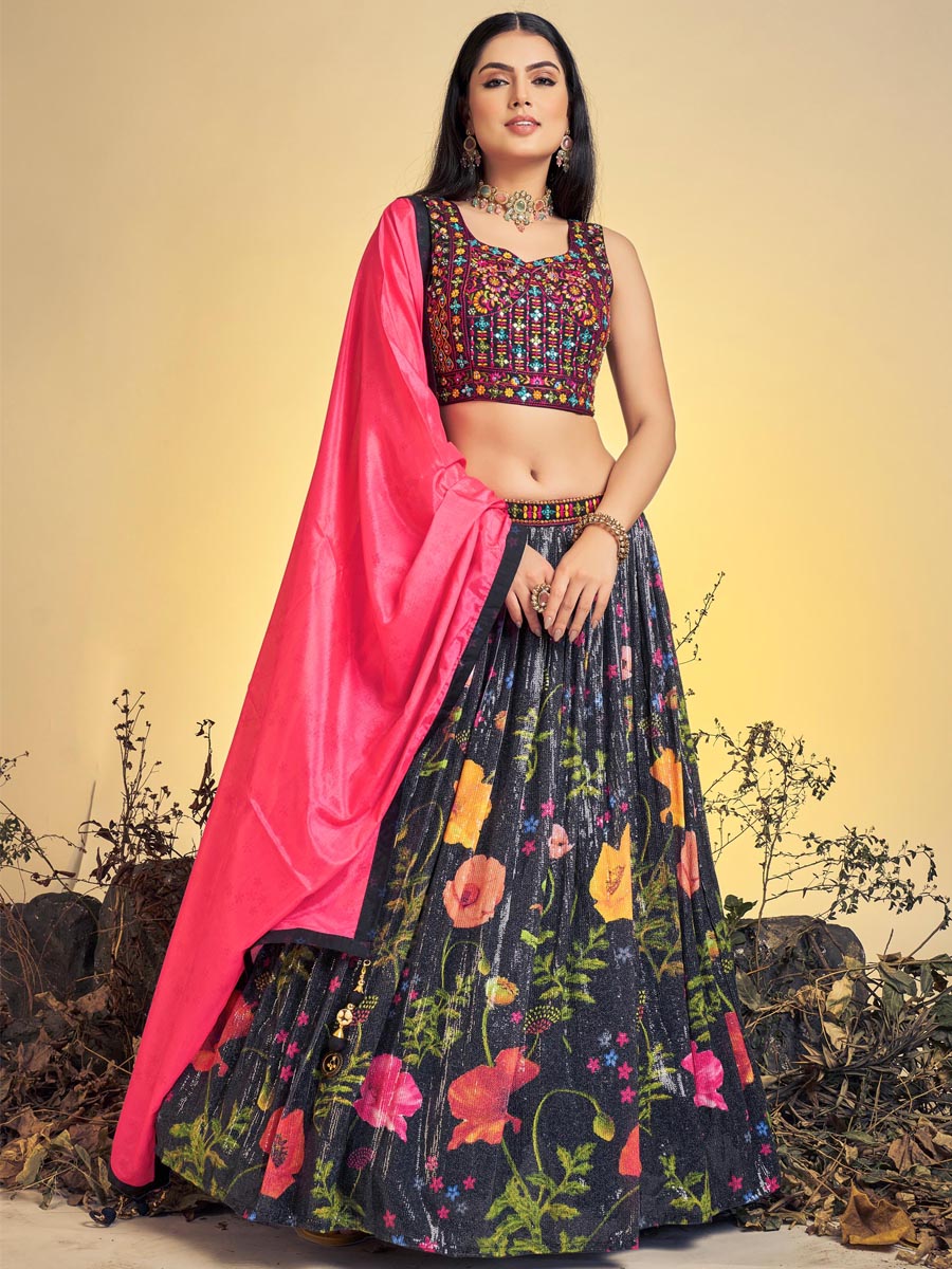 Black Art Silk Printed Bridesmaid Wedding Ready Circular Lehenga Choli