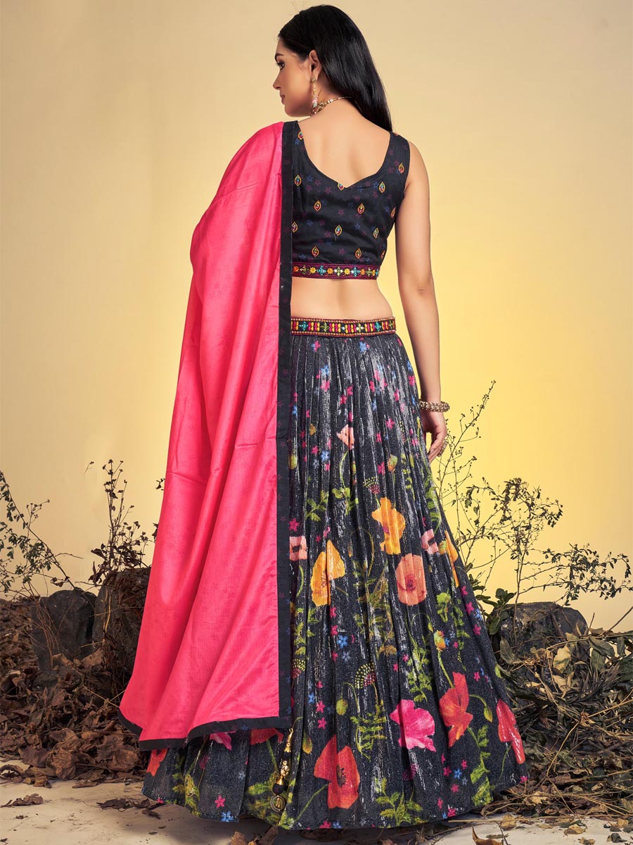 Black Art Silk Printed Bridesmaid Wedding Ready Circular Lehenga Choli