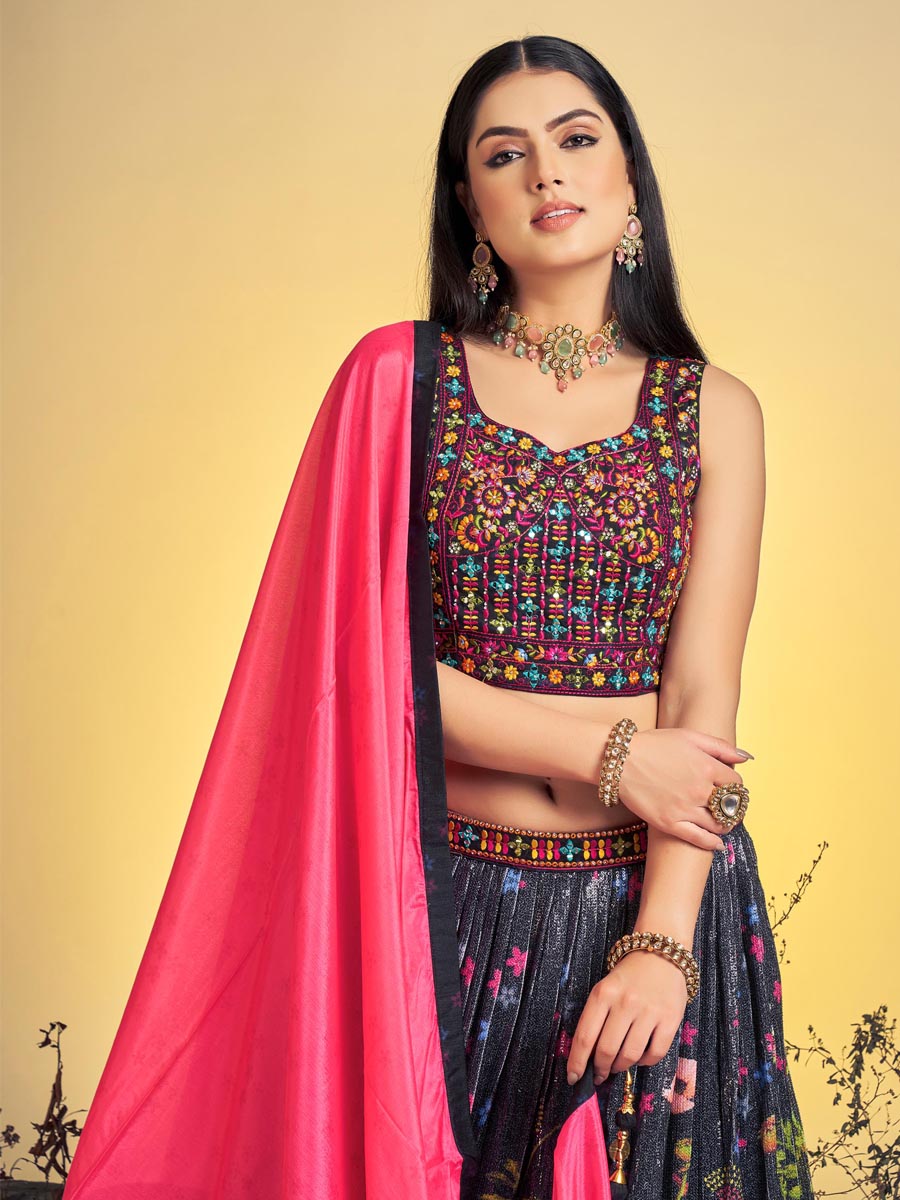 Black Art Silk Printed Bridesmaid Wedding Ready Circular Lehenga Choli