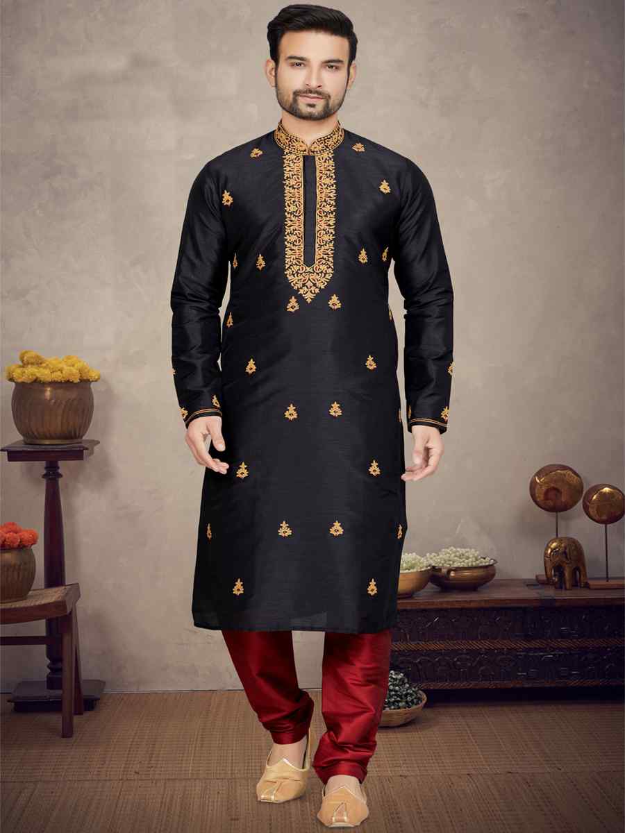 Black Art Silk Woven Festival Mehendi Kurta