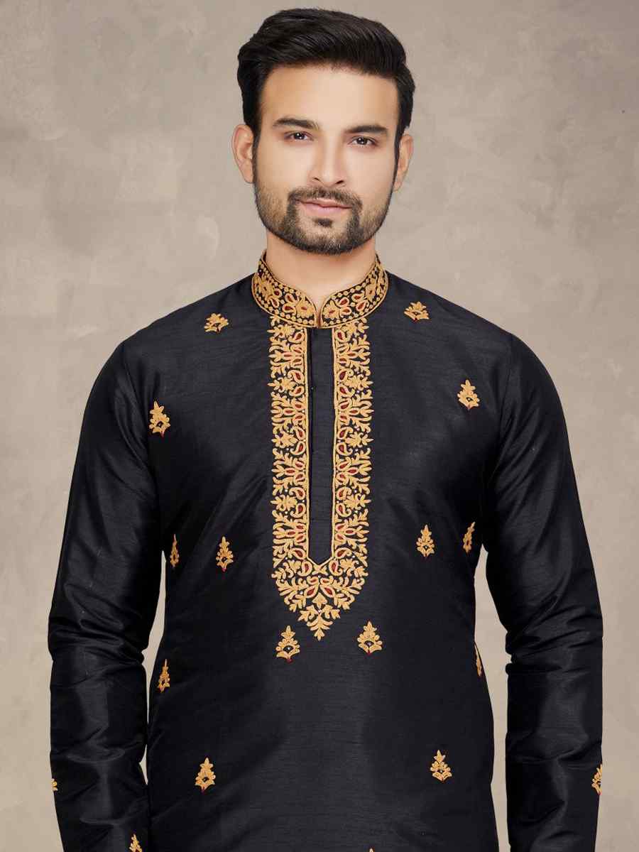 Black Art Silk Woven Festival Mehendi Kurta