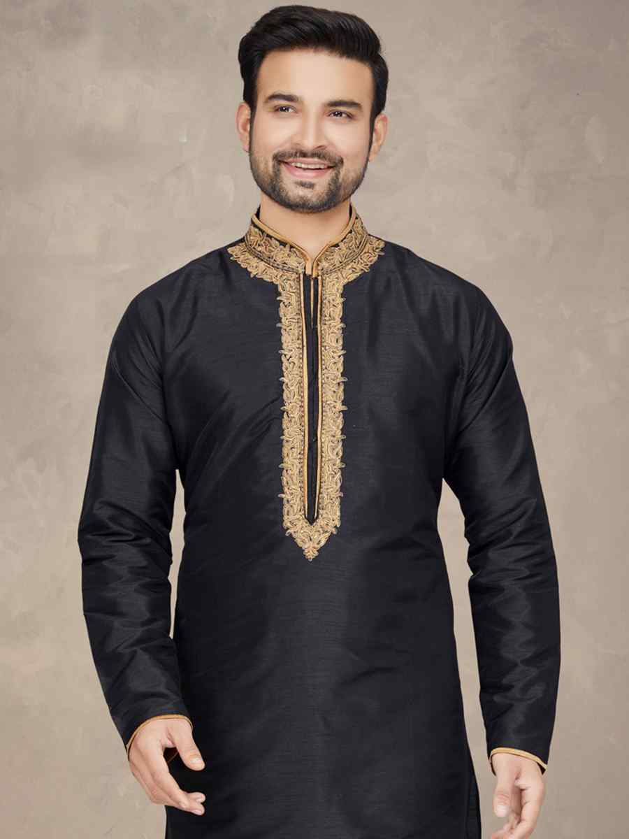 Black Art Silk Woven Festival Mehendi Kurta