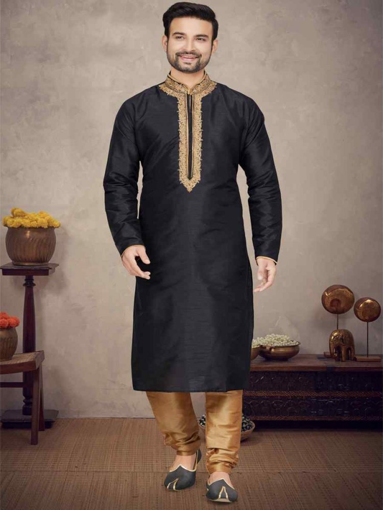 Black Art Silk Woven Festival Mehendi Kurta